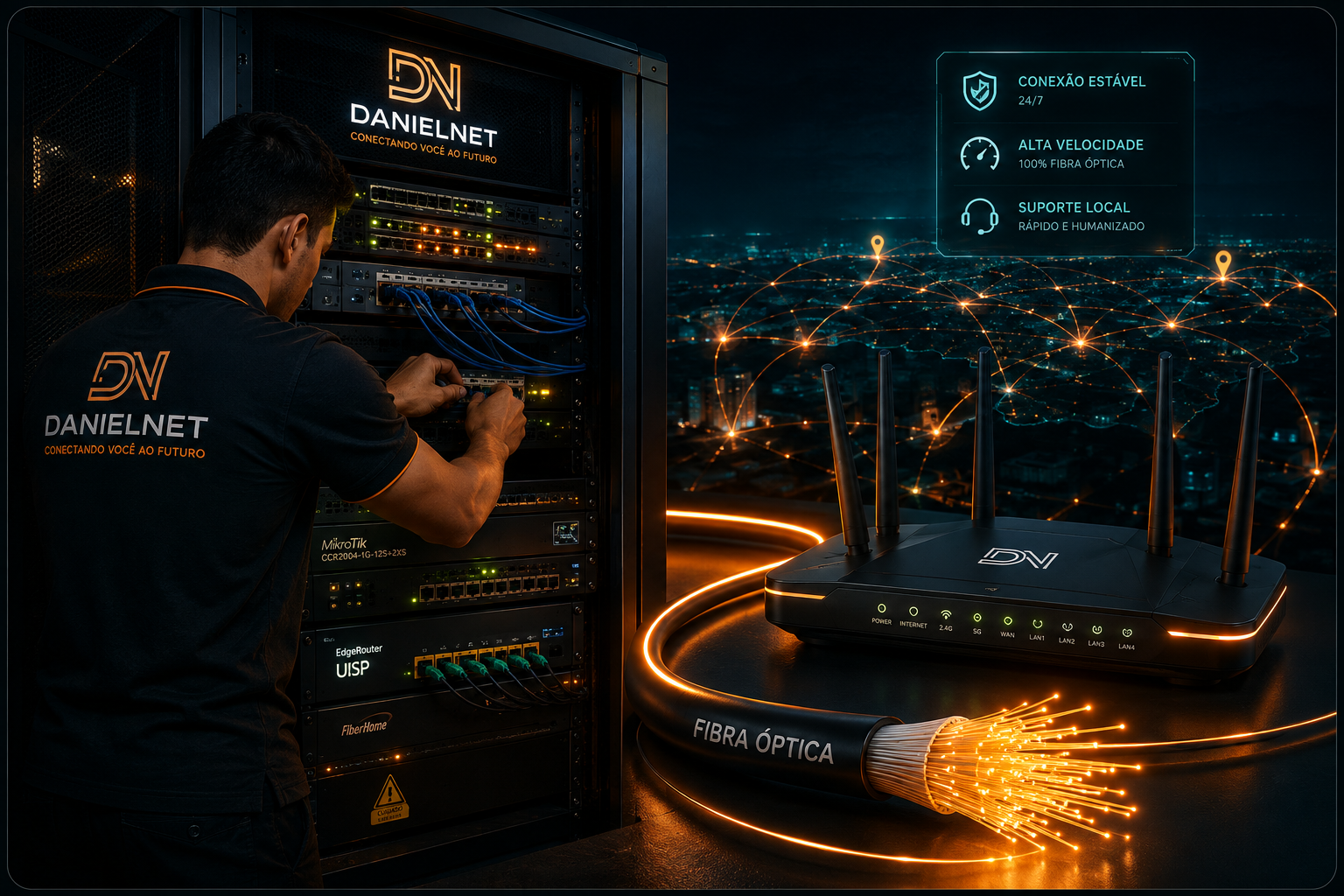 Técnico da DanielNet ajustando o rack de equipamentos de fibra óptica, com roteador Wi-Fi em primeiro plano e mapa de conectividade da rede ao fundo
